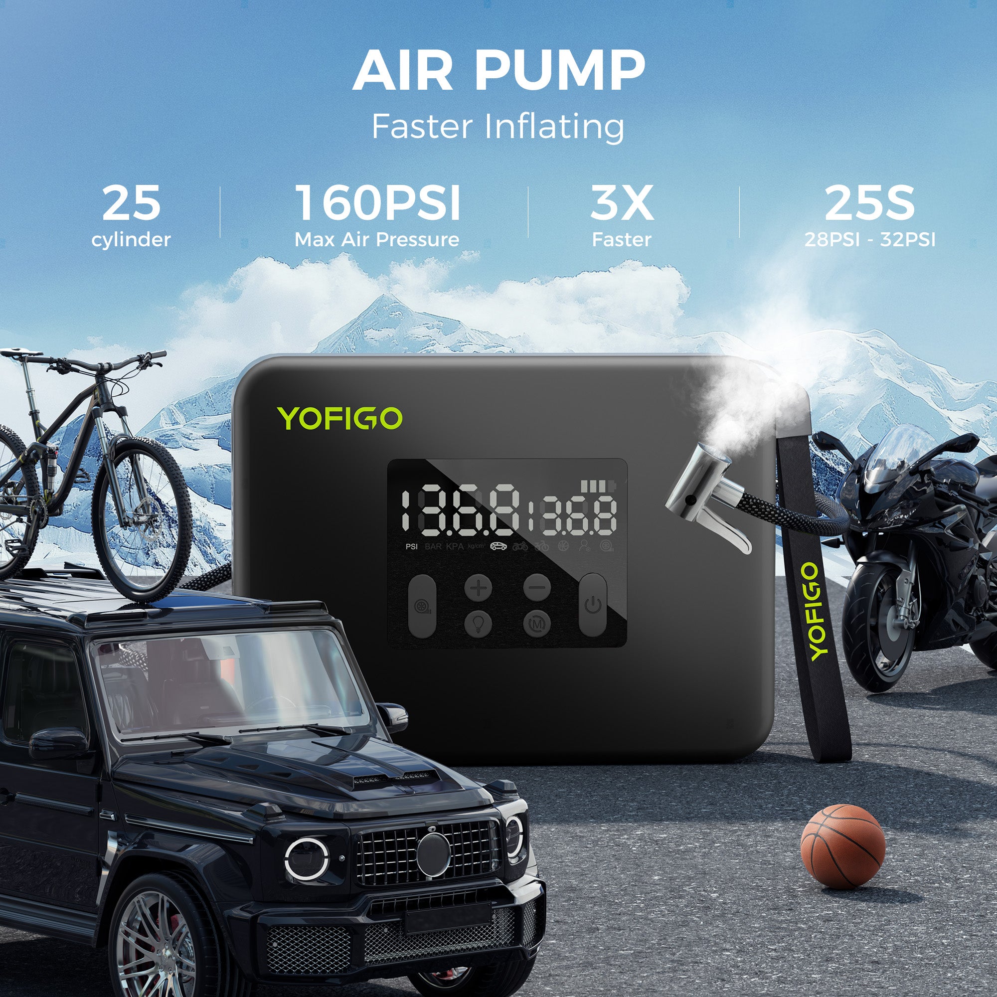 YOFIGO Portable Air Pump (with Built-in Battery & USB Cable)
