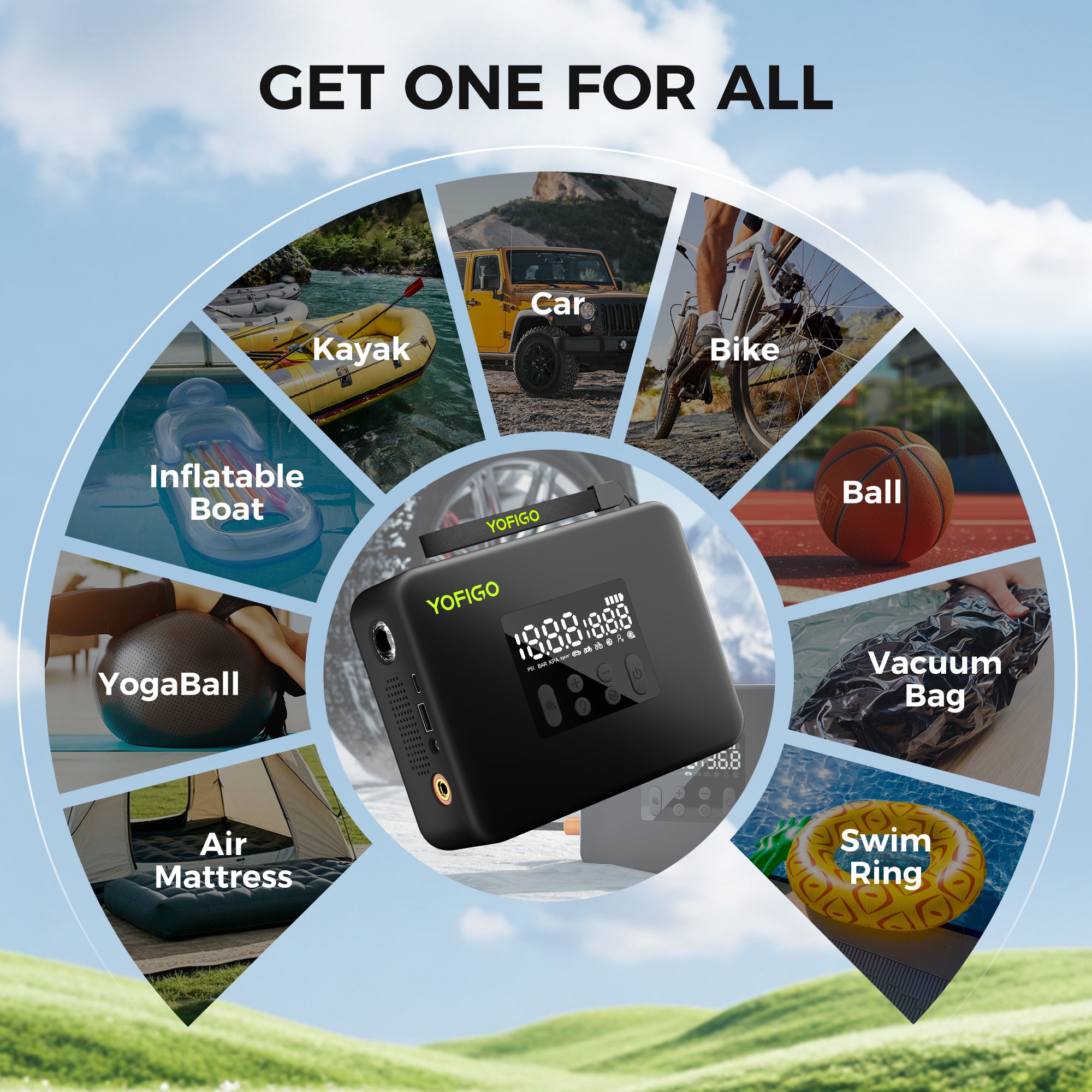 YOFIGO Portable Air Pump (with Built-in Battery & USB Cable)